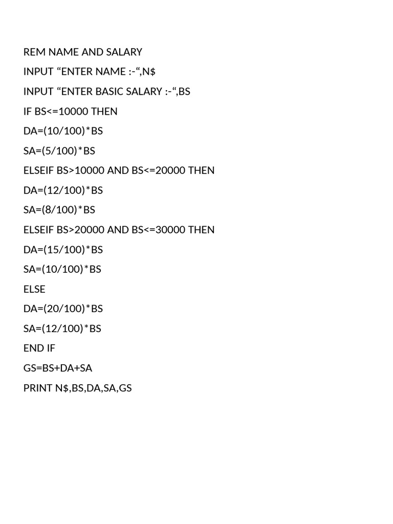 Salary Calculation Program in BASIC | PDF