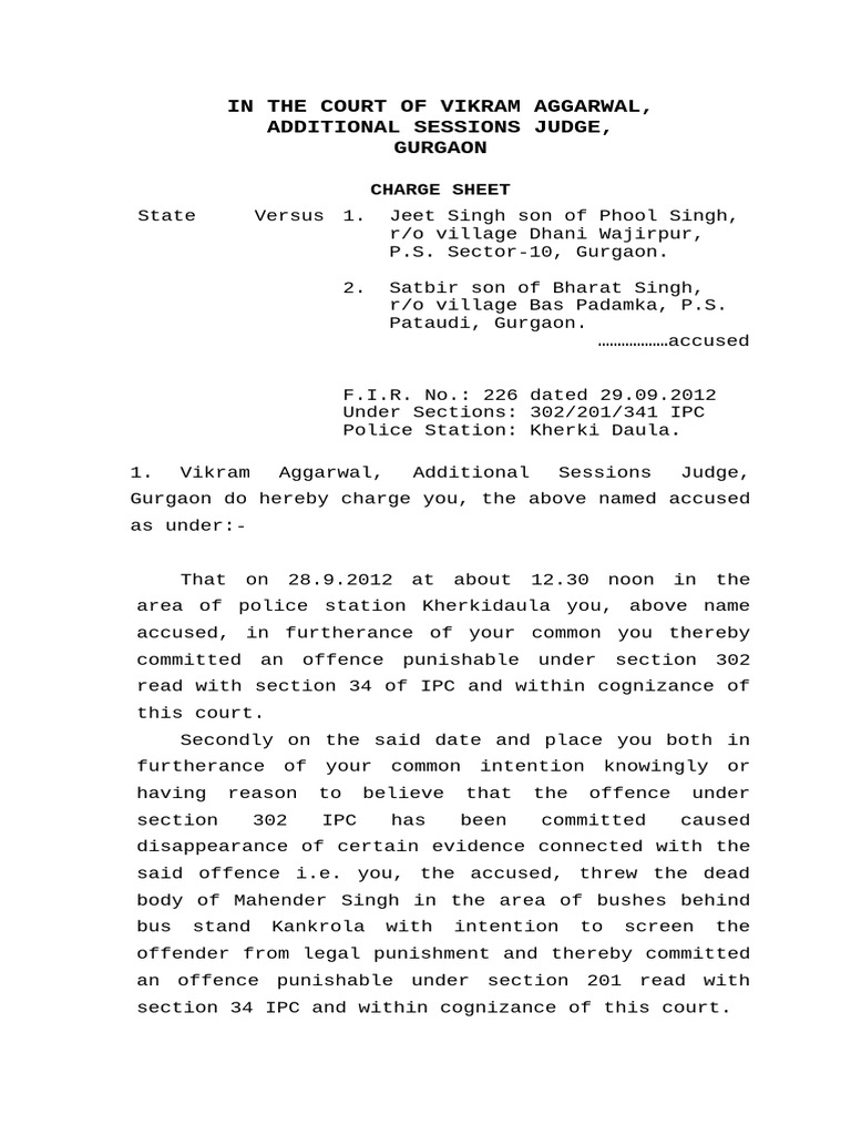 Charge Sheet for Murder Case in Gurgaon | PDF