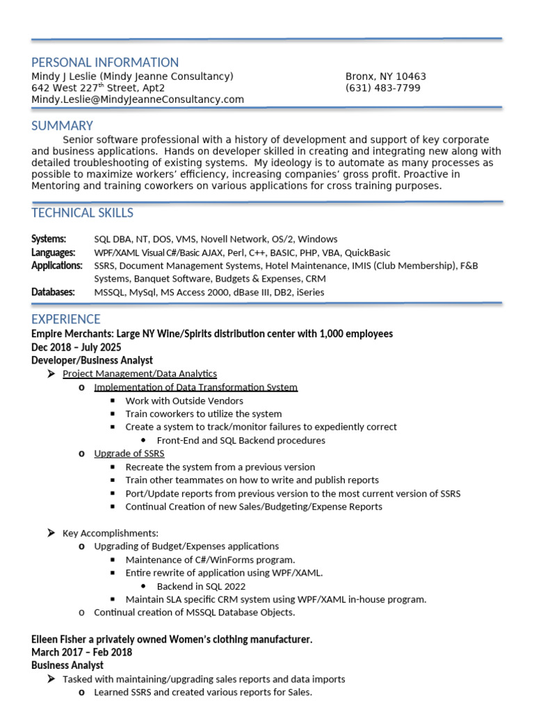 Senior Software Developer Resume | PDF | Databases | Microsoft Sql Server