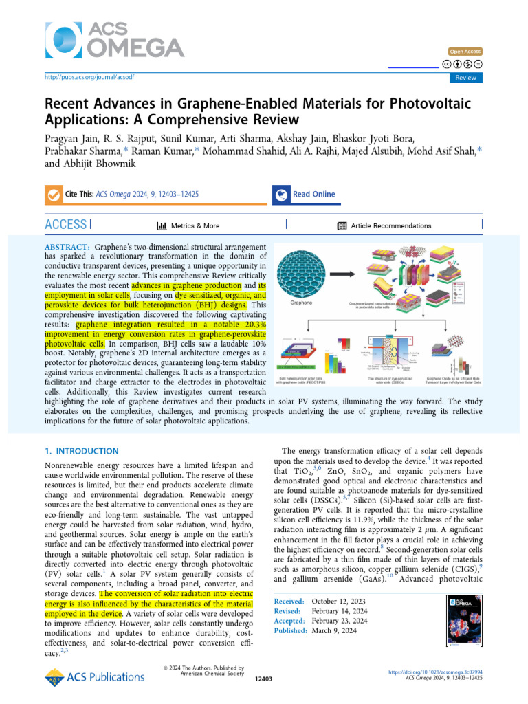Recent Advances in Graphene Enabled Materials For Photovoltaic ...