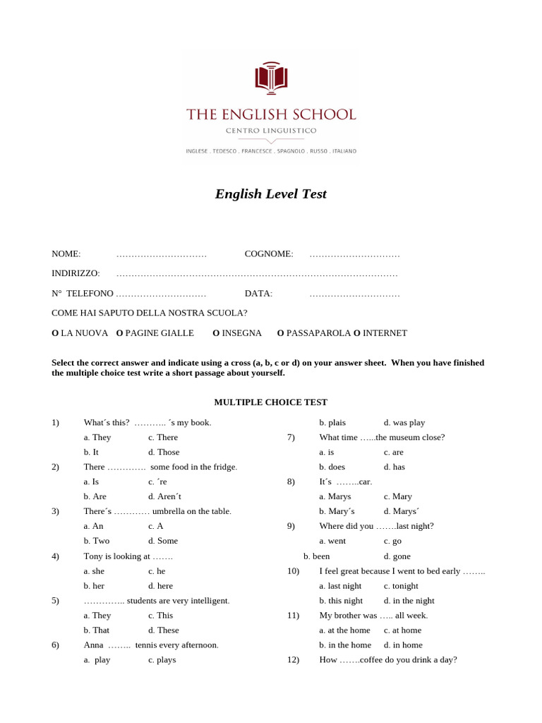 English Level Assessment Test | PDF