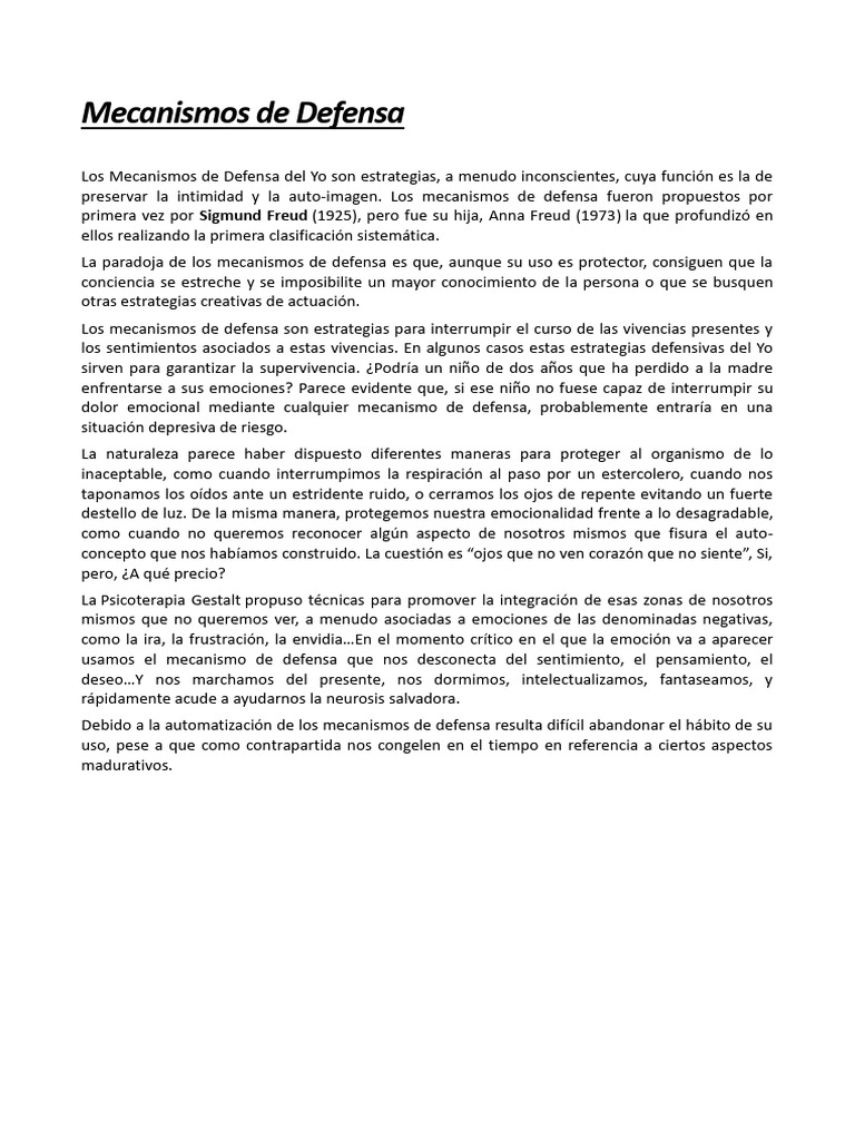 Mecanismos de Defensa del Yo en Psicología | PDF | Las emociones ...