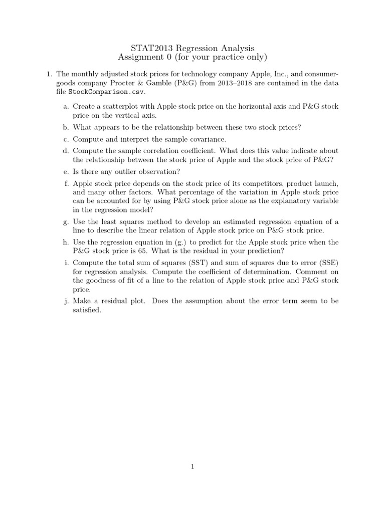 STAT2013 Regression Analysis Assignment 0 (For Your Practice Only) | PDF