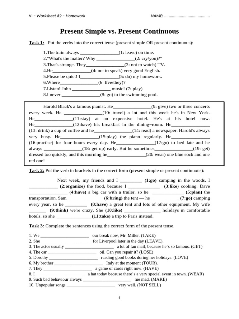 Present Simple vs. Continuous Worksheet | PDF