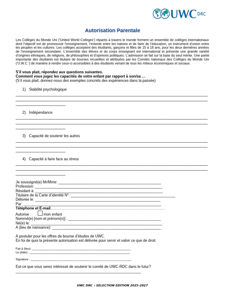 Autorisation Parentale pour UWC 2025-2027 | PDF
