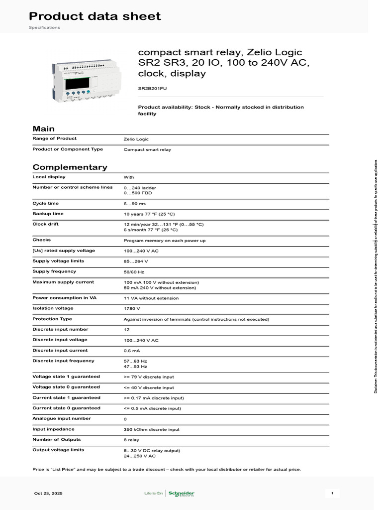 Schneider Electric Zelio-Logic SR2B201FU | PDF | Relay | Alternating ...