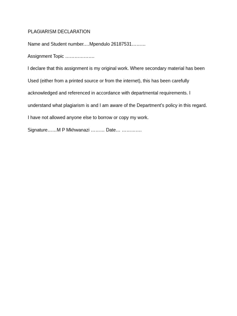 Plagiarism Declaration Form | PDF