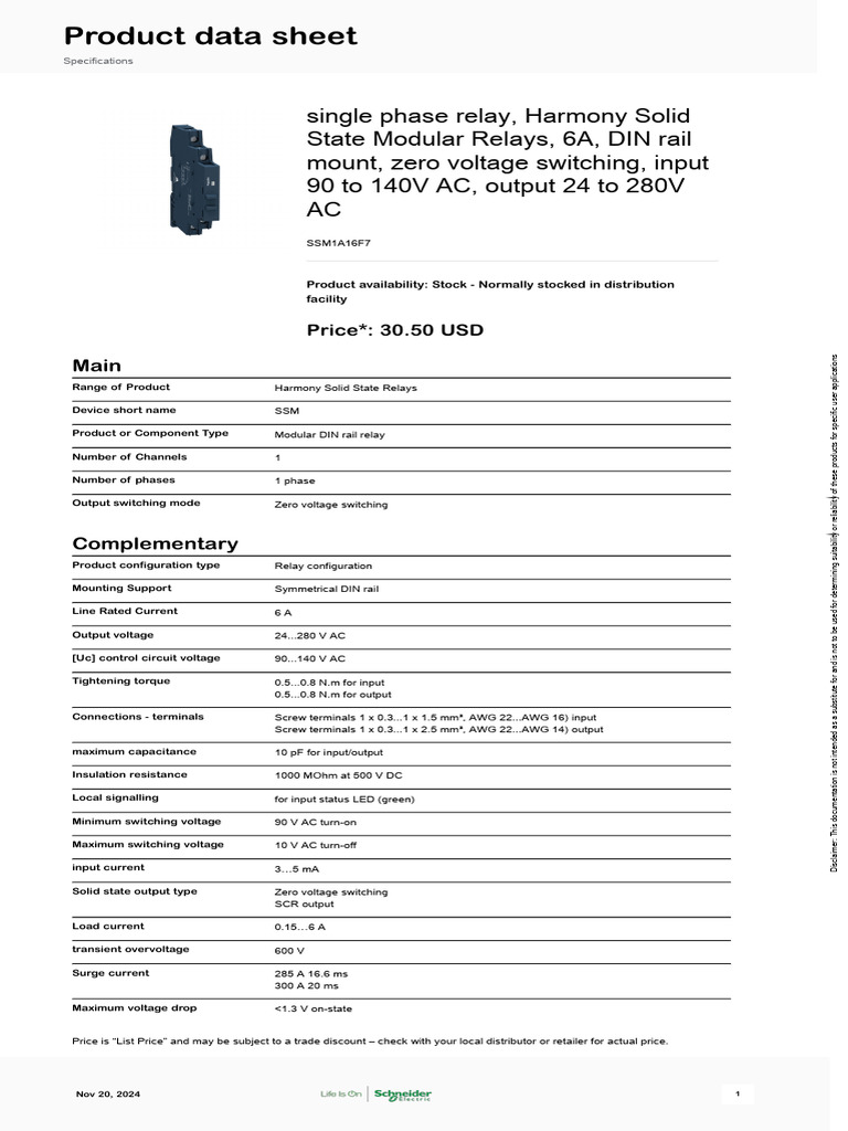 Harmony Solid State Relay SSM1A16F7 | PDF | Relay | Alternating Current