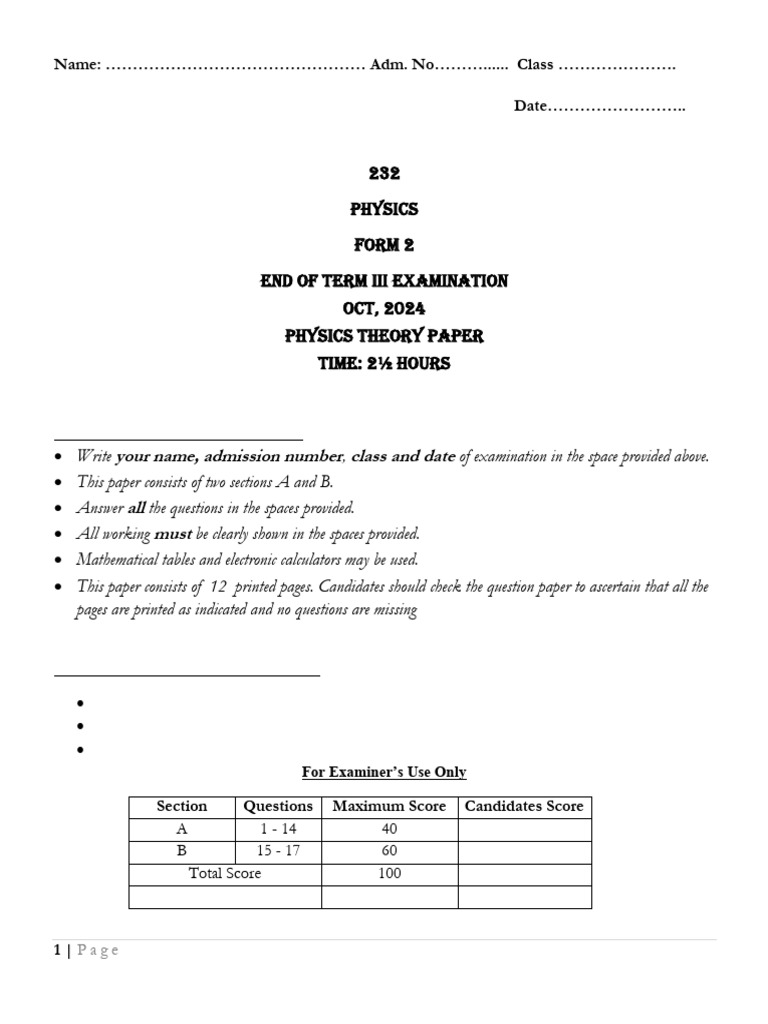 Form 2 Physics End of Term Exam 2024 | PDF | Density | Pressure