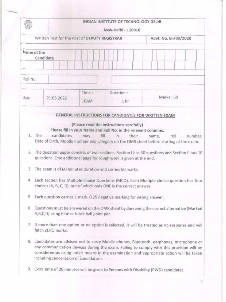 IIT D Question Paper DR Advt. E-II-03-2020 | PDF