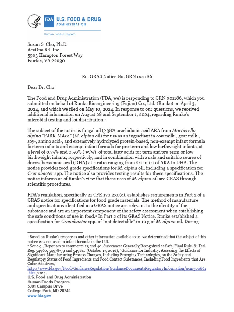 FDA Response to GRN 001186 on M. alpina Oil | PDF | Infant Formula ...