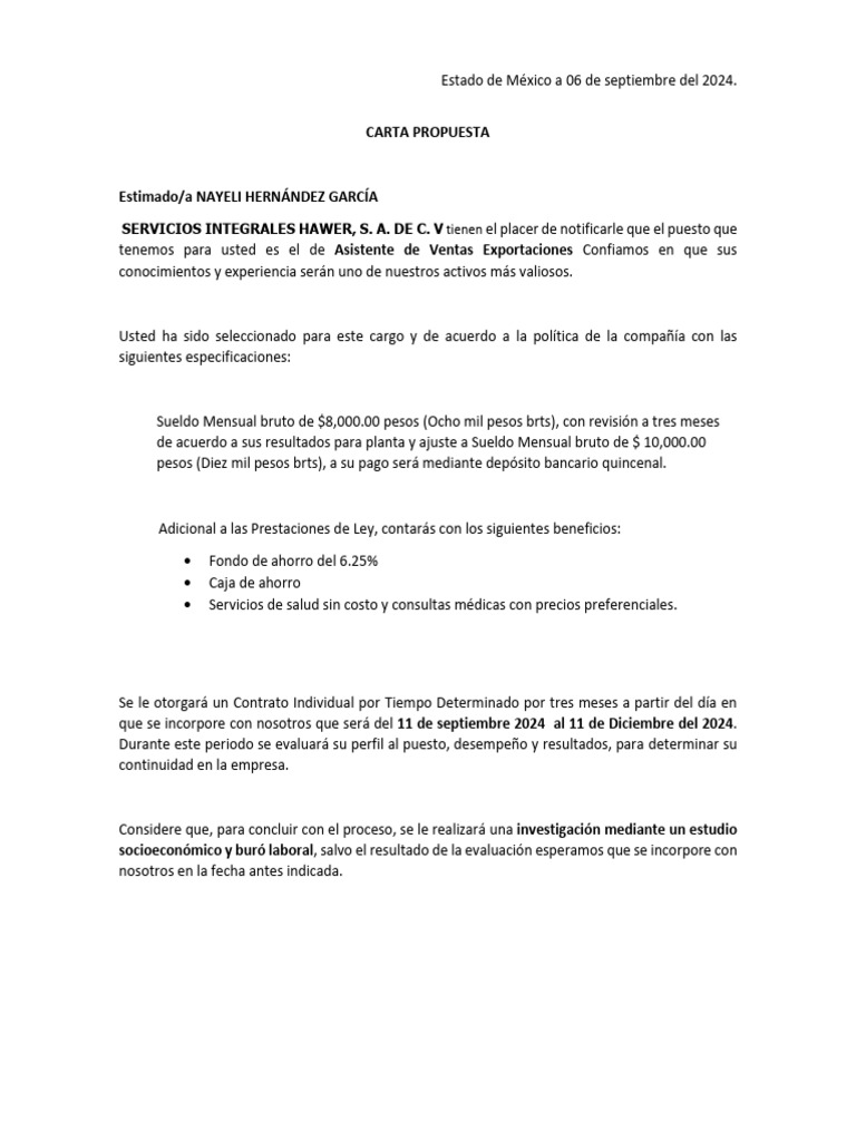 Machote Carta Propuesta Con Ajuste Servicios Integrales Hawer, S. A. de ...