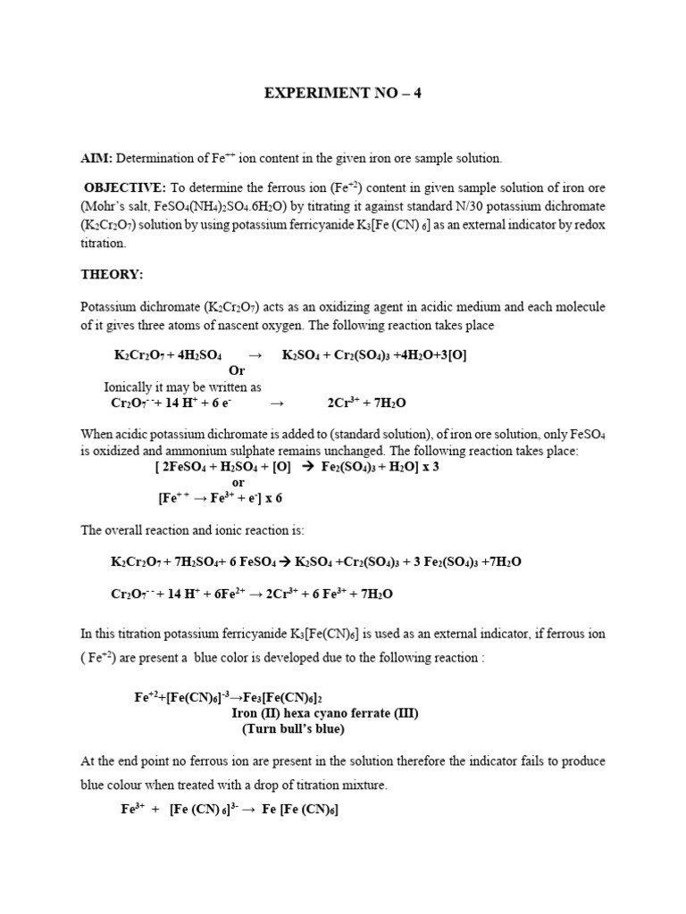 Fe++ Ion Content in Iron Ore Titration | PDF | Iron | Iron Ore