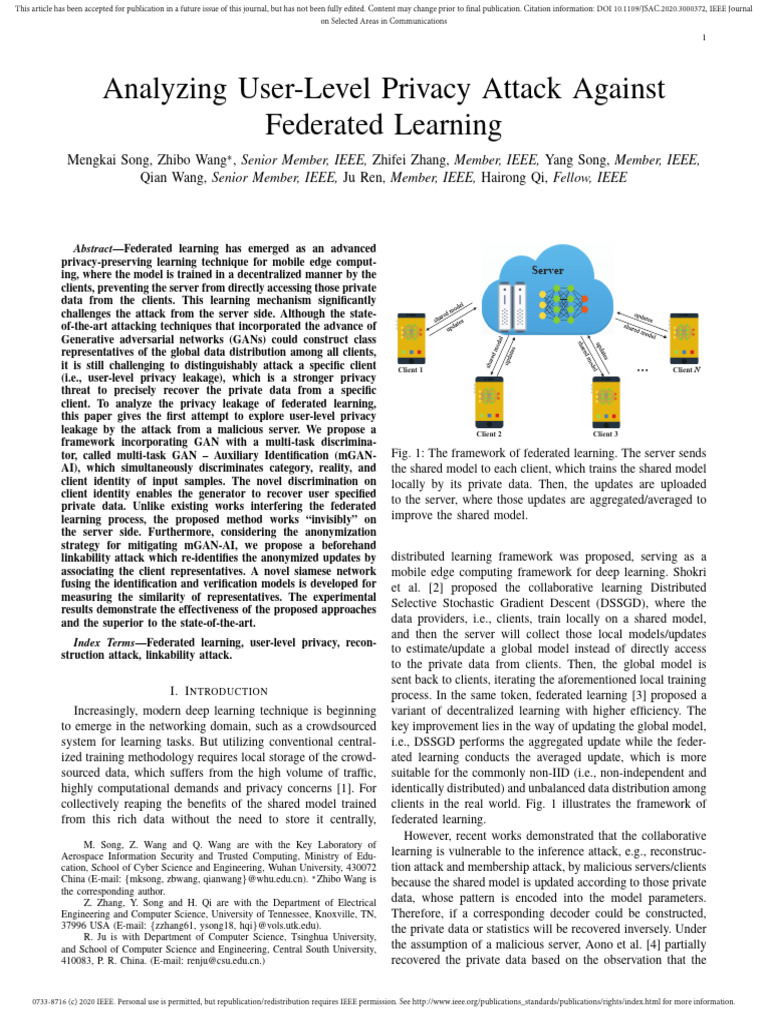 Analyzing User Level Privacy Attack Against Federated Learning | PDF ...
