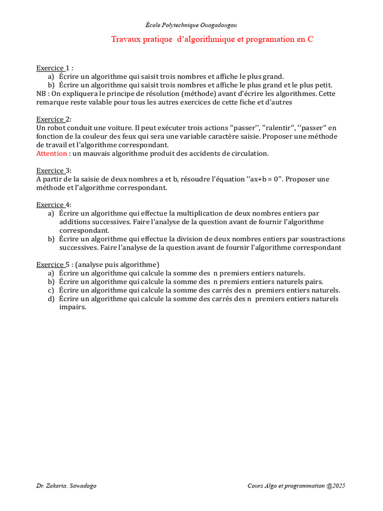 Exercices d'algorithmique en C | PDF | Entier naturel | Algorithmes