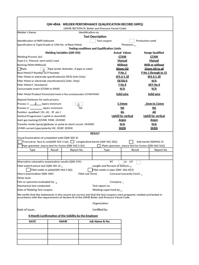 ASME Welder Qualification Record | PDF | Welding | Construction