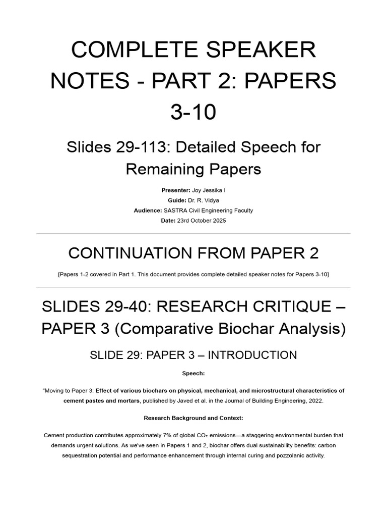 Detailed Speaker Notes for Papers 3-10 | PDF | Concrete | Cement