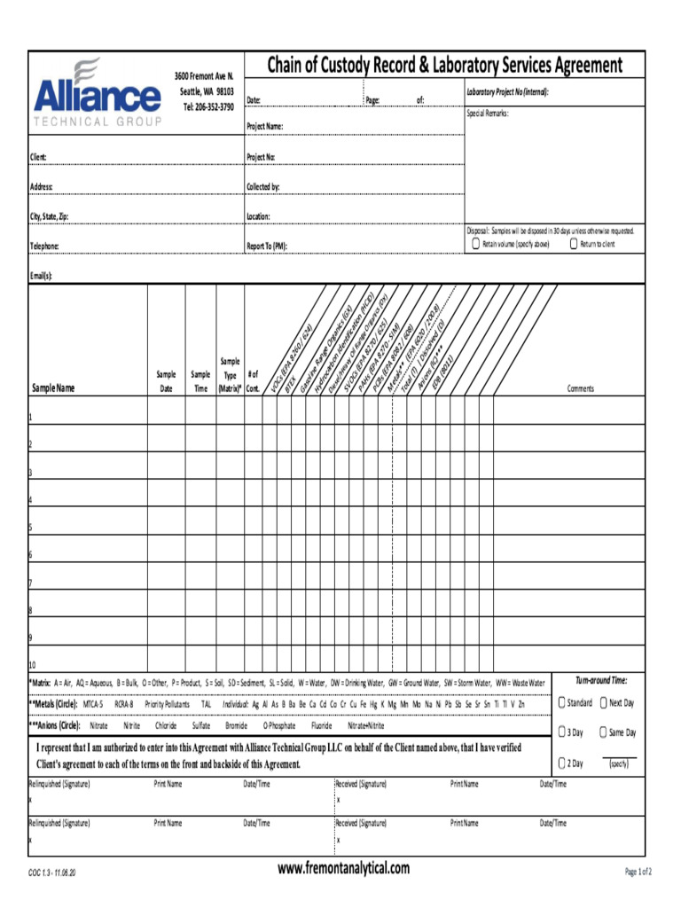 Fremontanalyticalcoc 1.2 PDF Fill Form | PDF