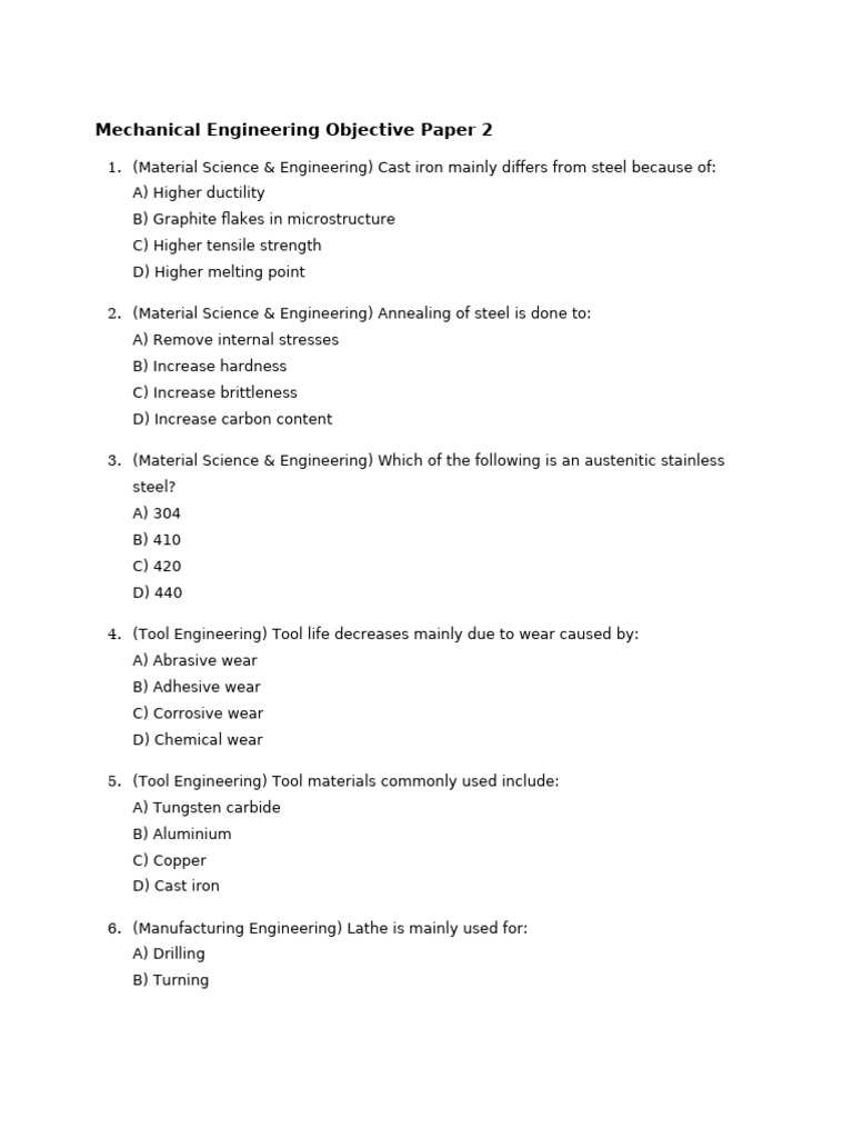 Mechanical Engineering Objective Questions | PDF | Strength Of ...