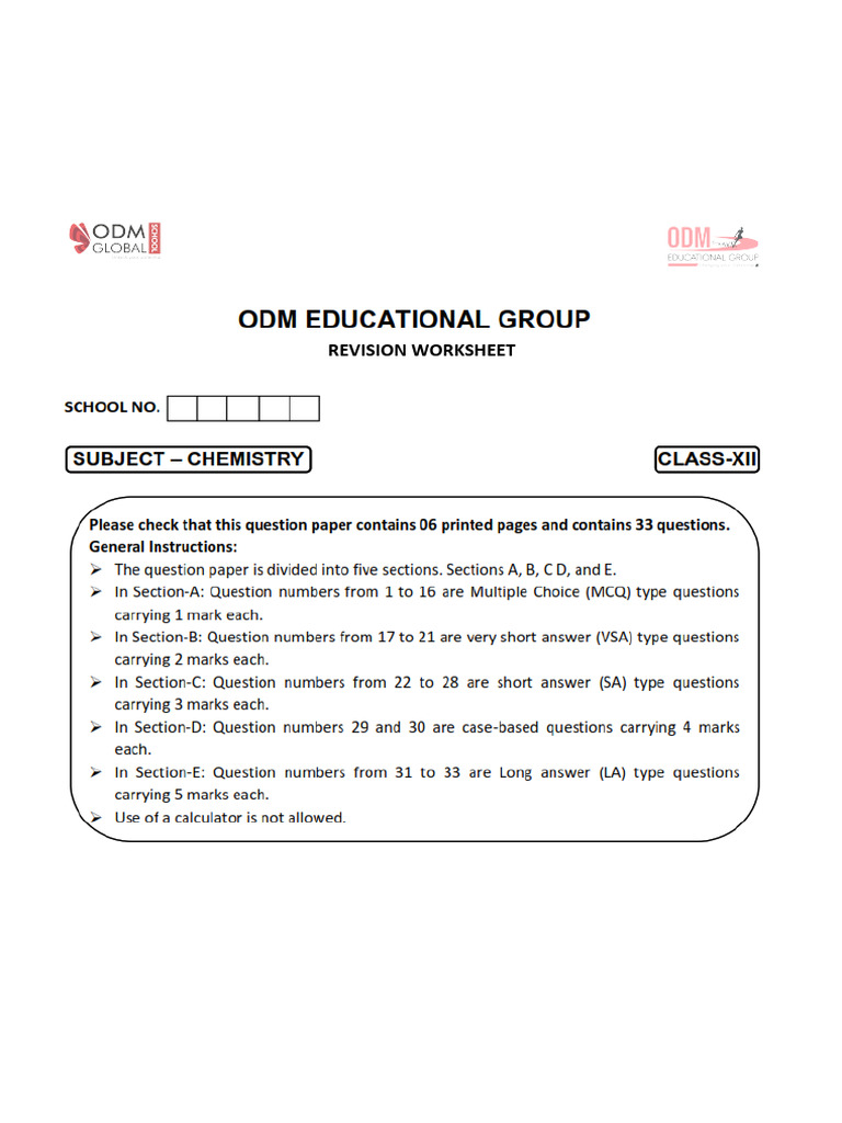 Chemistry Revision Worksheet for Std 12 | PDF | Ether | Aldehyde
