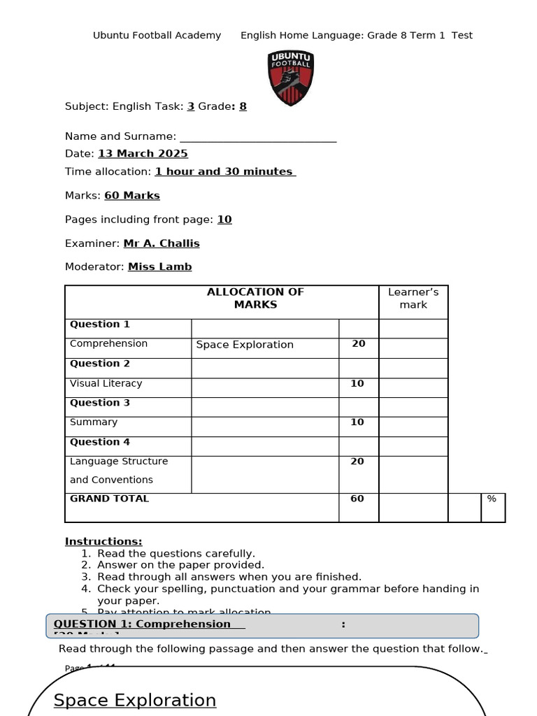 Grade 8 English Test: Space Exploration | PDF | Space Exploration | Verb
