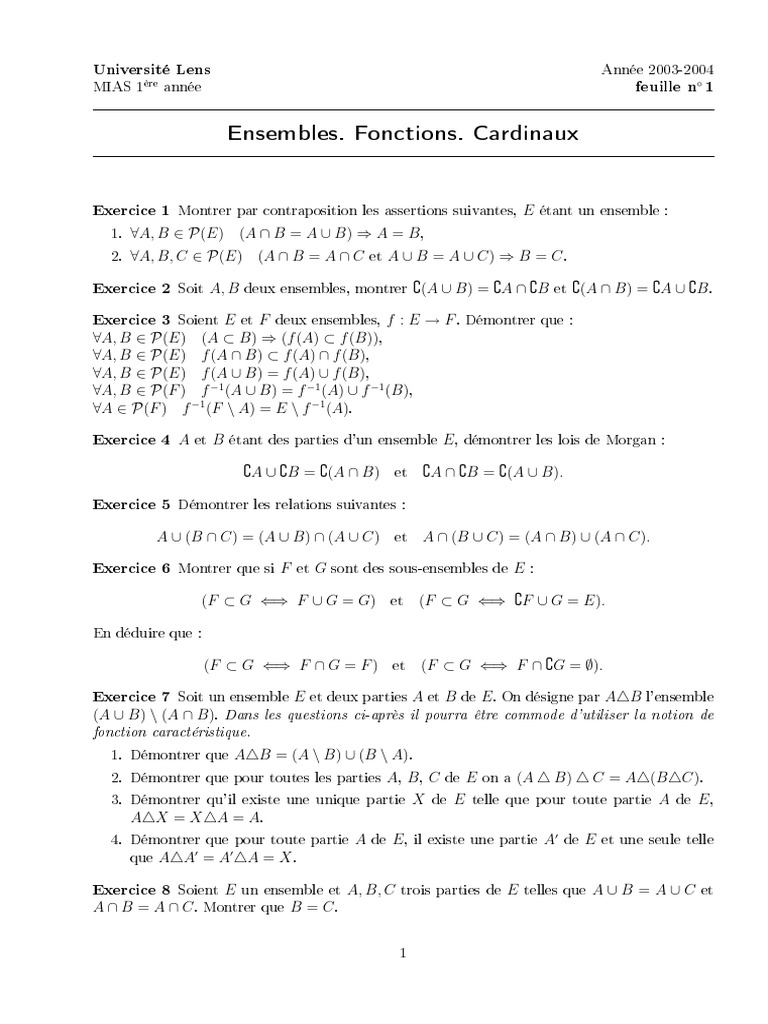 Exercices sur Ensembles et Fonctions | PDF | Inclusion (mathématiques ...