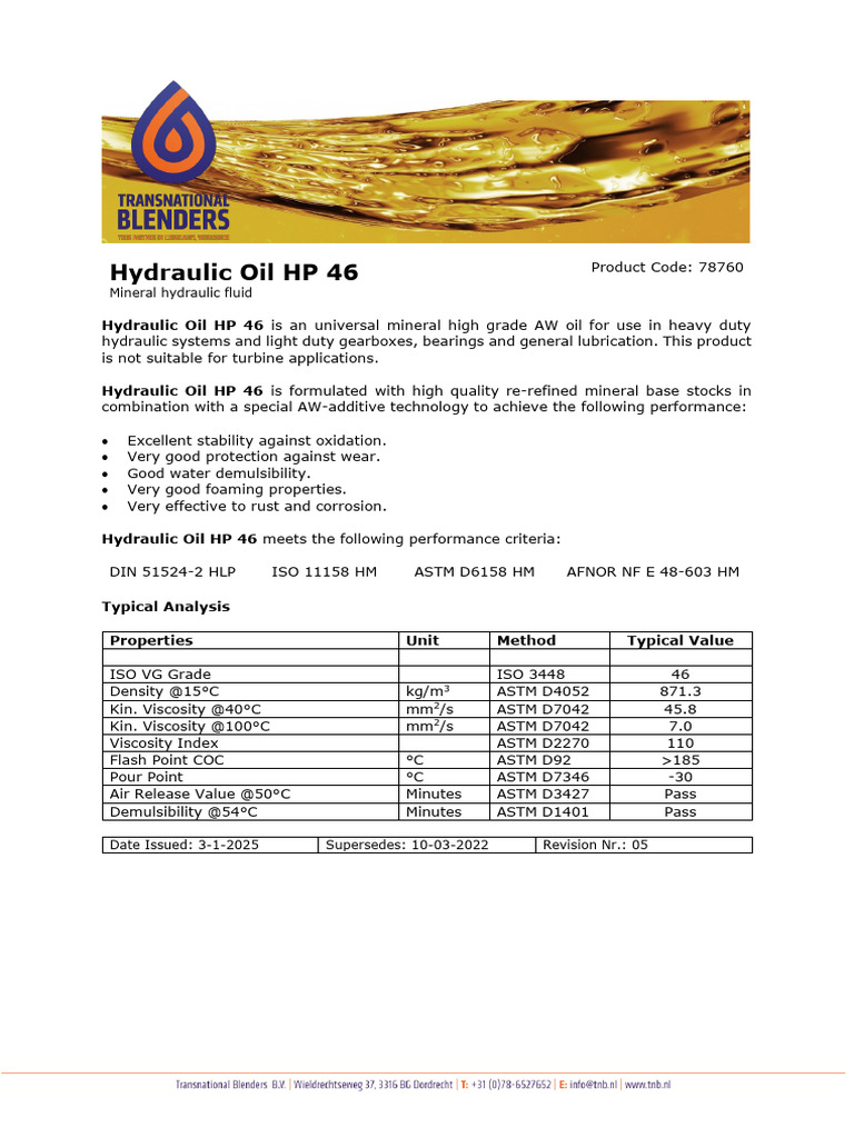 Hydraulic Oil HP 46 Specifications | PDF