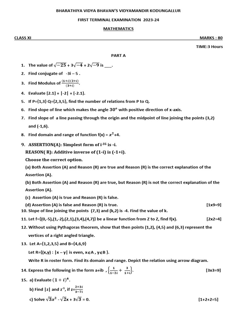 Class XI Mathematics Exam Paper 2023-24 | PDF | Function (Mathematics ...