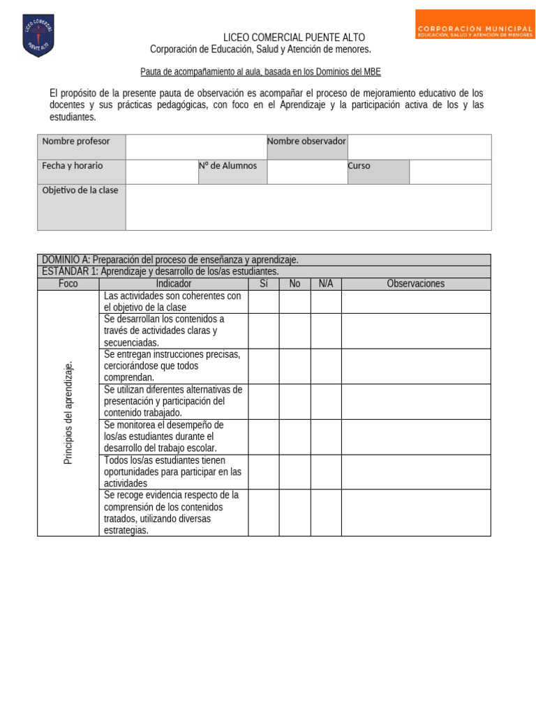 Pauta de Observación Docente en Aula | PDF | Enseñando | Maestros