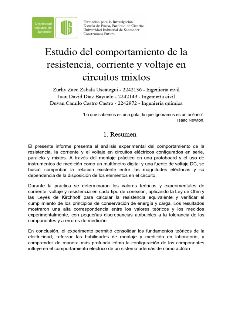 Comportamiento de Circuitos Mixtos Eléctricos | PDF | Resistencia ...