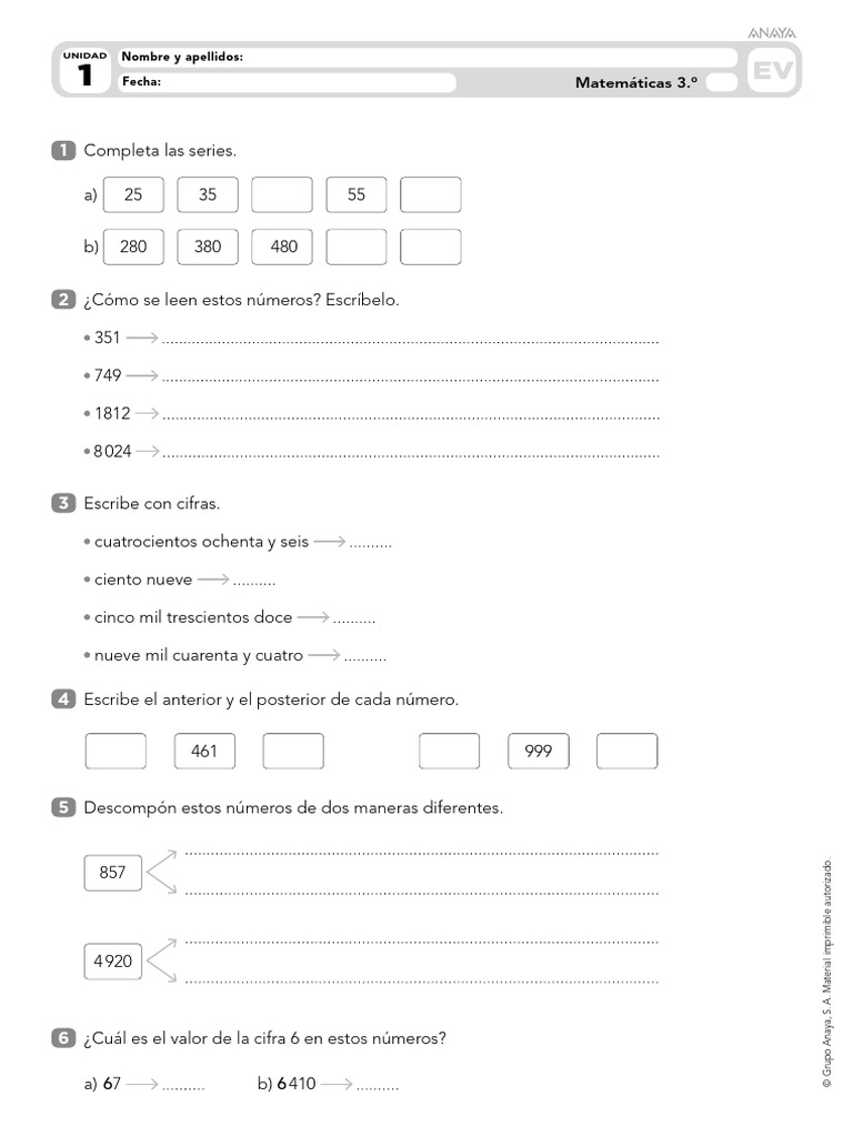 Ejercicios de Matemáticas 3.º Primaria | PDF