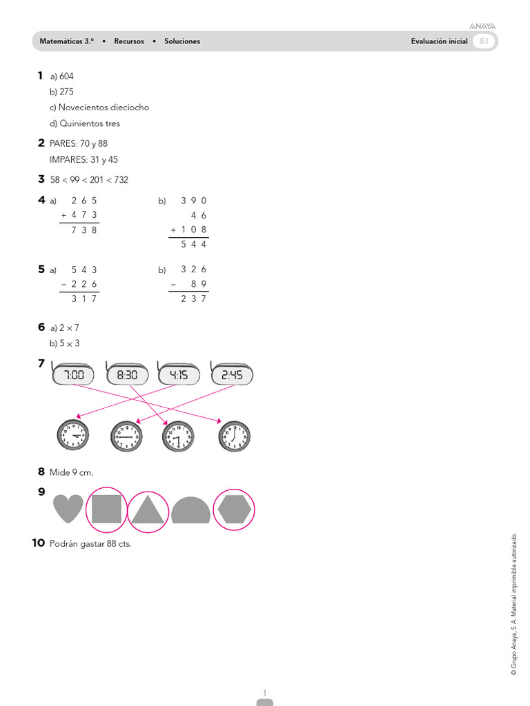 Sol. Mates Ev. Inicial 3º | PDF