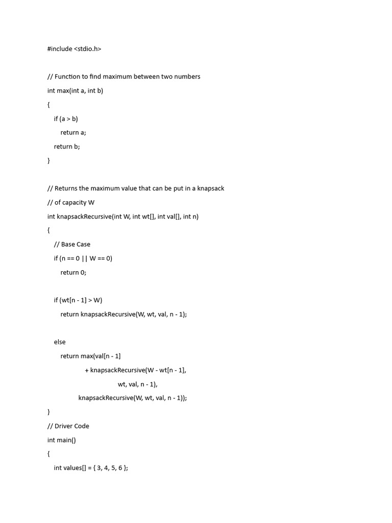 Knapsack Problem Recursive Solution | PDF