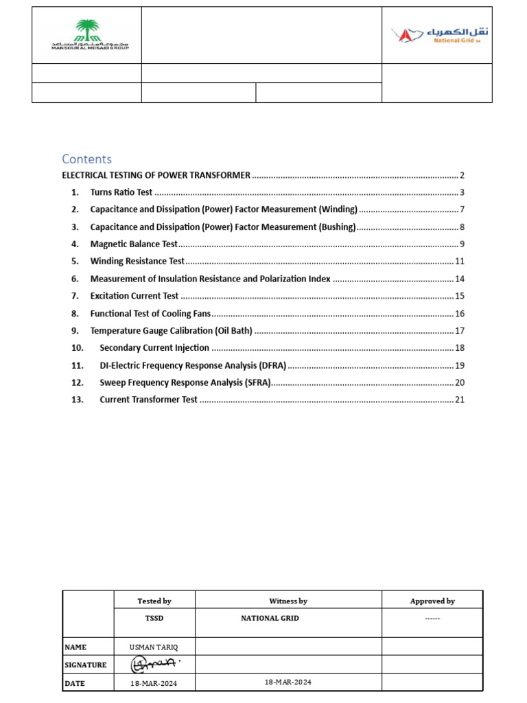 Electrical Testing Report for Toshiba Transformer | PDF | Transformer ...