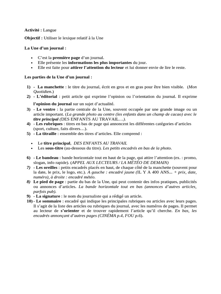 Lexique de la Une d'un Journal | PDF