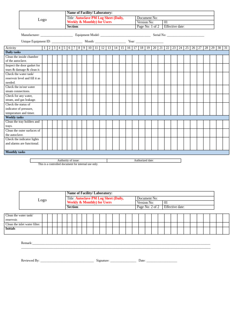 Autoclave PM Log Sheet Template | PDF