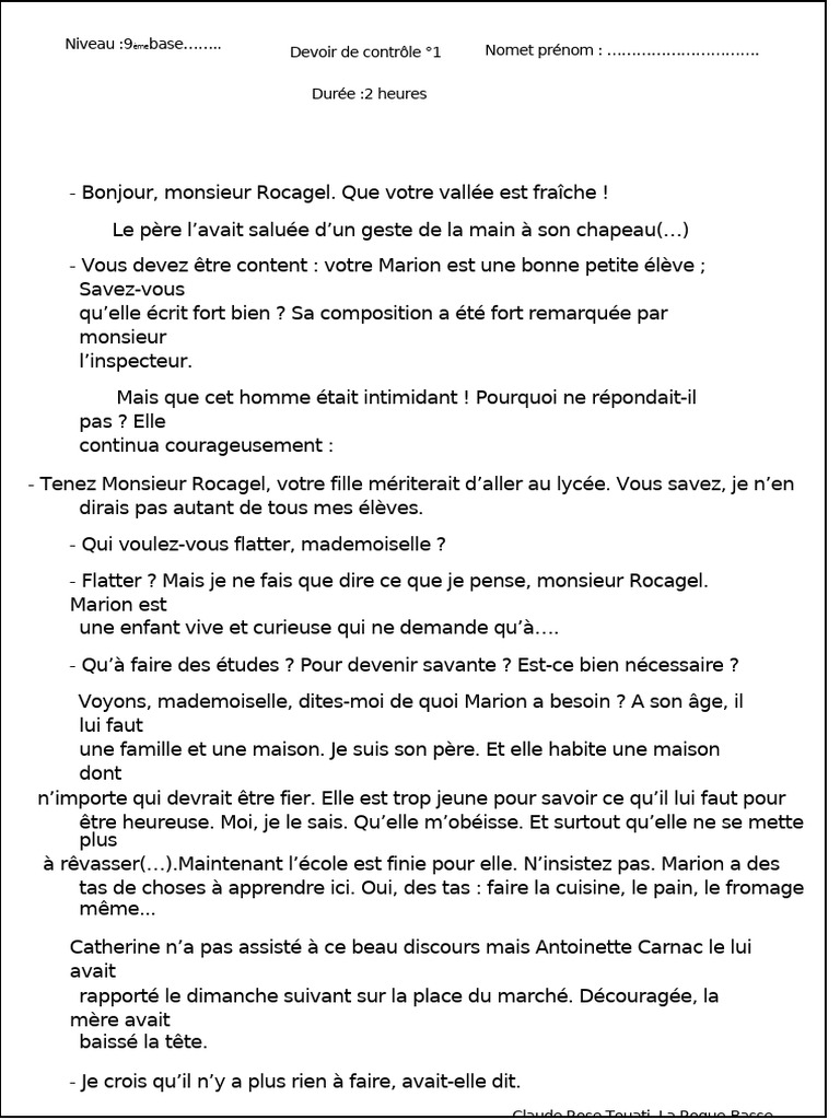 Devoir de contrôle : Analyse de texte 9ème | PDF | Syntaxe | Grammaire