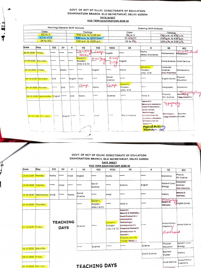 Mid Term Exam Date Sheet 2025-26 | PDF | Inquiry | Languages Of India