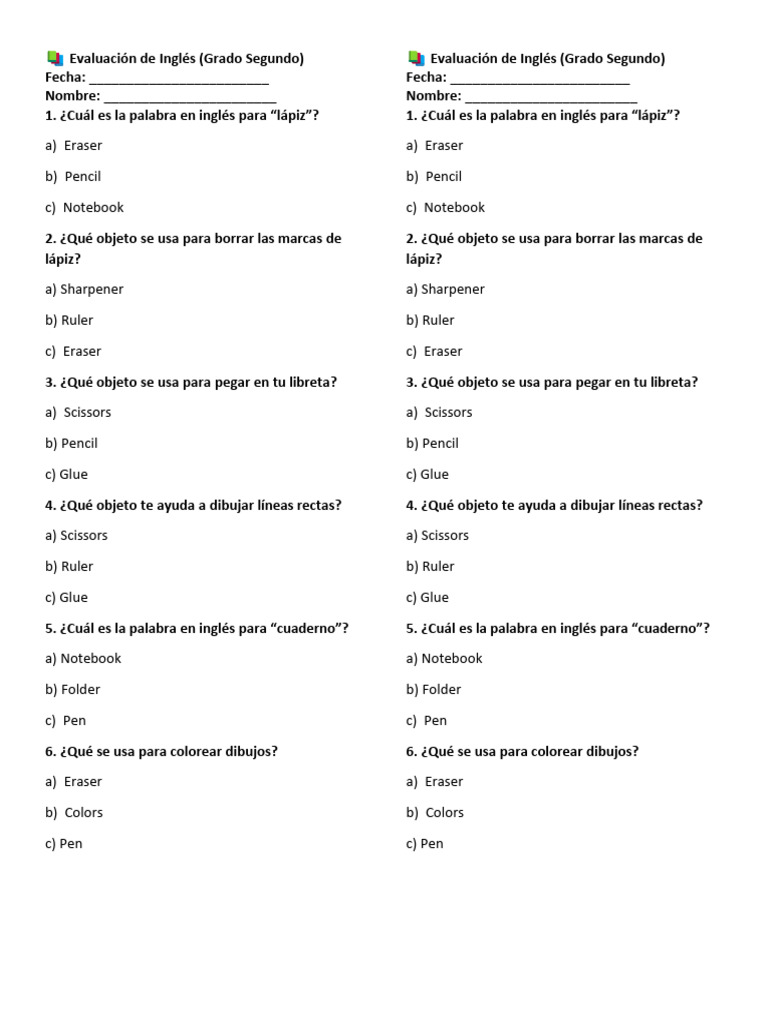 Evaluación de Inglés para Segundo Grado | PDF