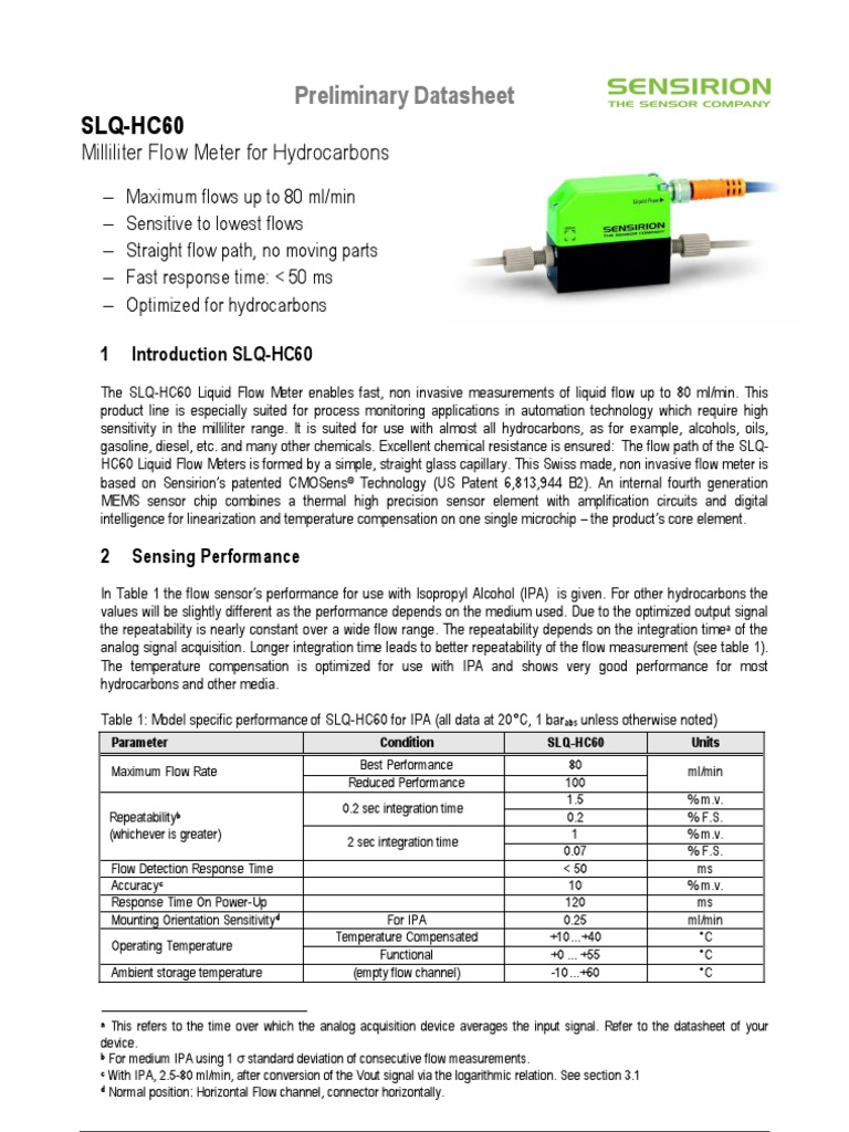 Datasheet Liquid Flow Meter SLQ HC60 Flow Measurement Sensor