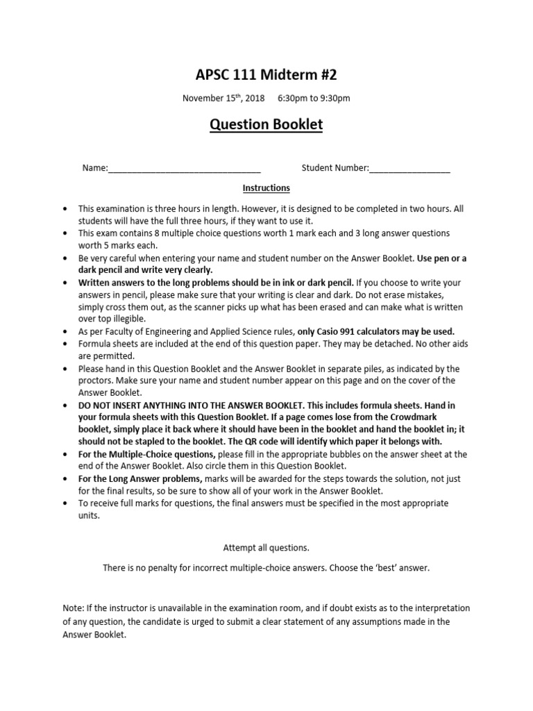 APSC 111 Midterm #2 2018 Question Booklet | PDF | Force | Friction