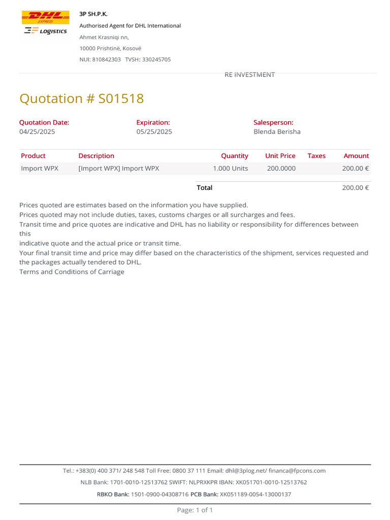 Quotation for Import WPX Shipment | PDF