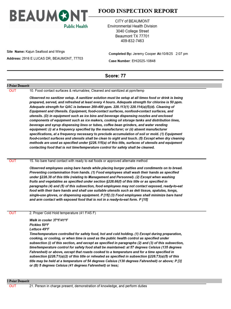 Beaumont Food Inspection Report: Kajun Seafood | PDF | Fahrenheit ...