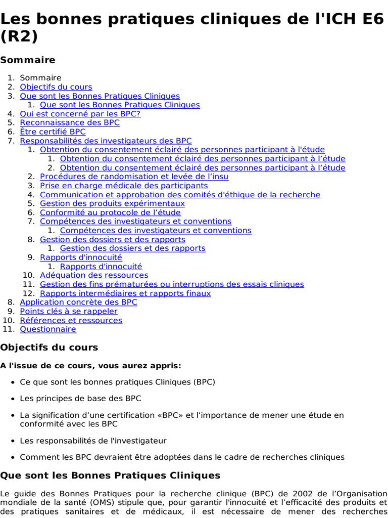 Bonnes Pratiques Cliniques ICH E6 (R2) | PDF | Consentement éclairé ...