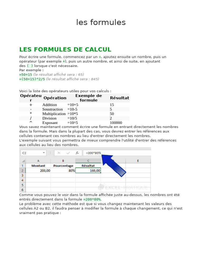 Formules de calcul et références Excel | PDF