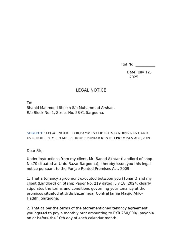Legal Notice for Rent Arrears & Eviction | PDF
