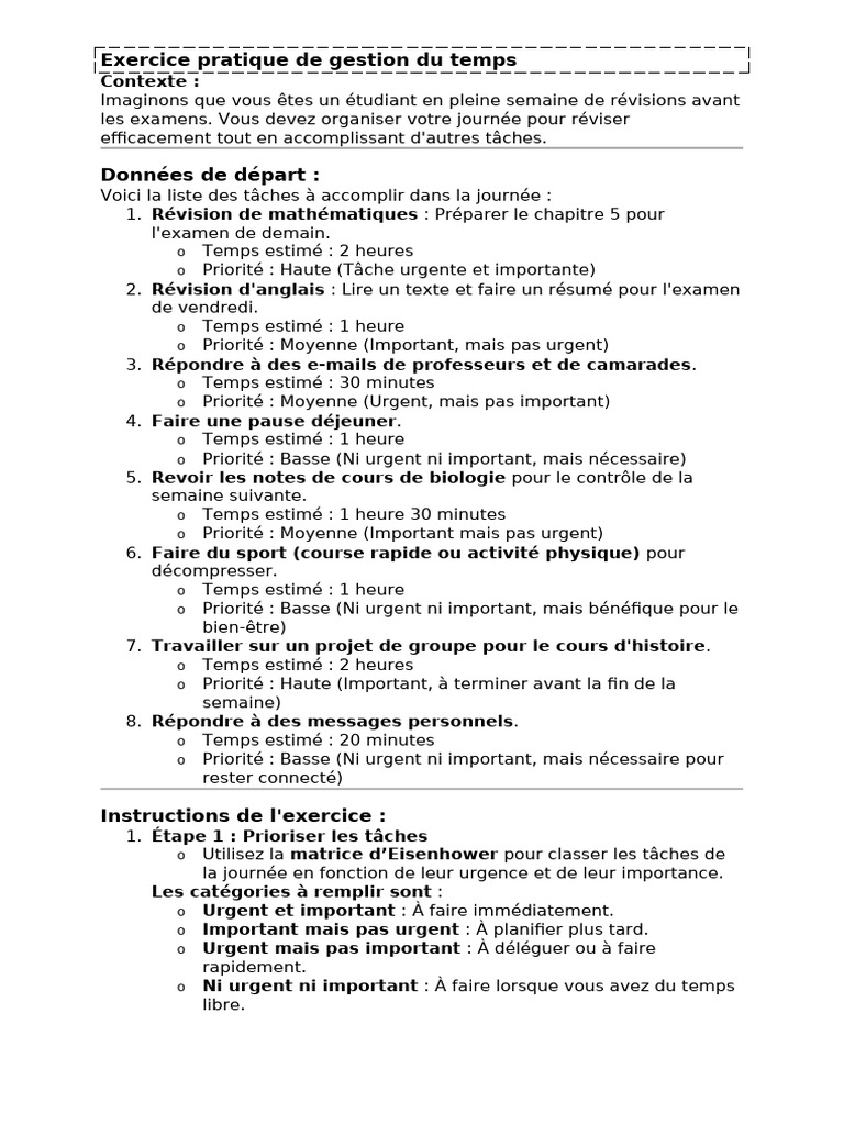 Exercice pratique de gestion du temps | PDF | Gestion du temps ...