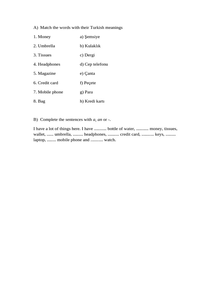 Turkish Vocabulary Matching Exercise | PDF
