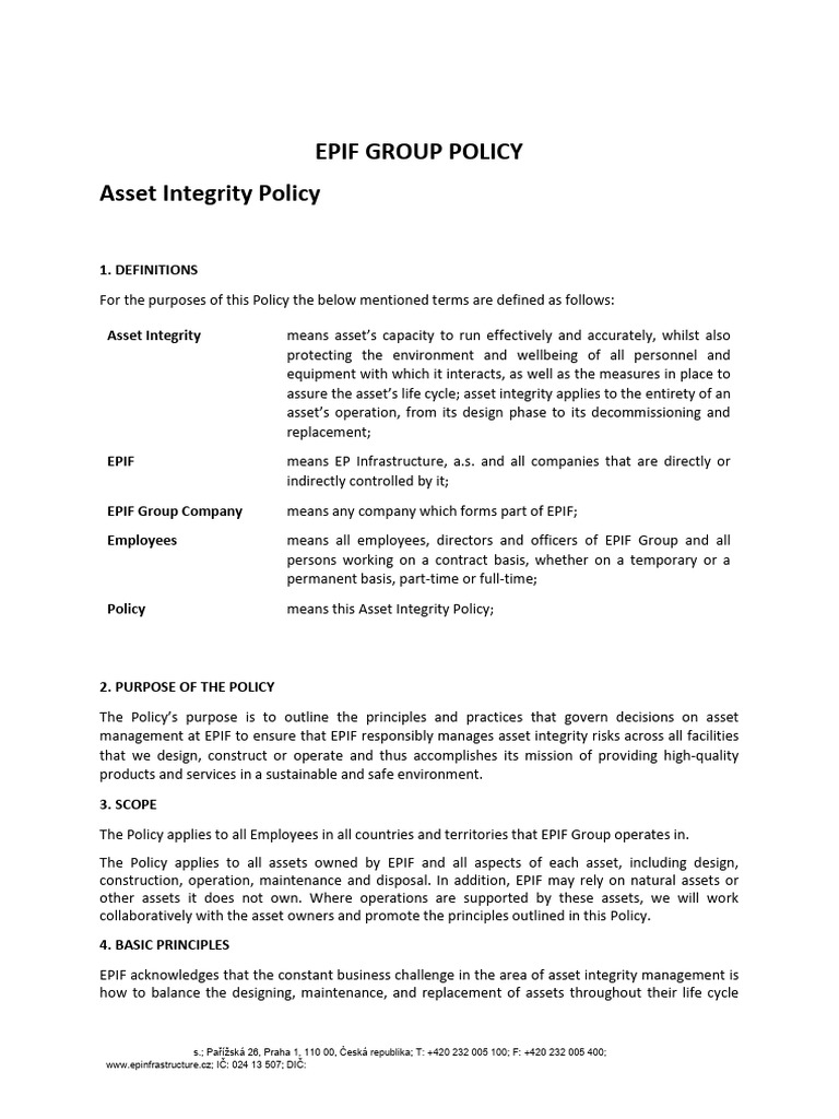 EP Infrastructure Asset Integrity Policy | PDF | Asset Management ...