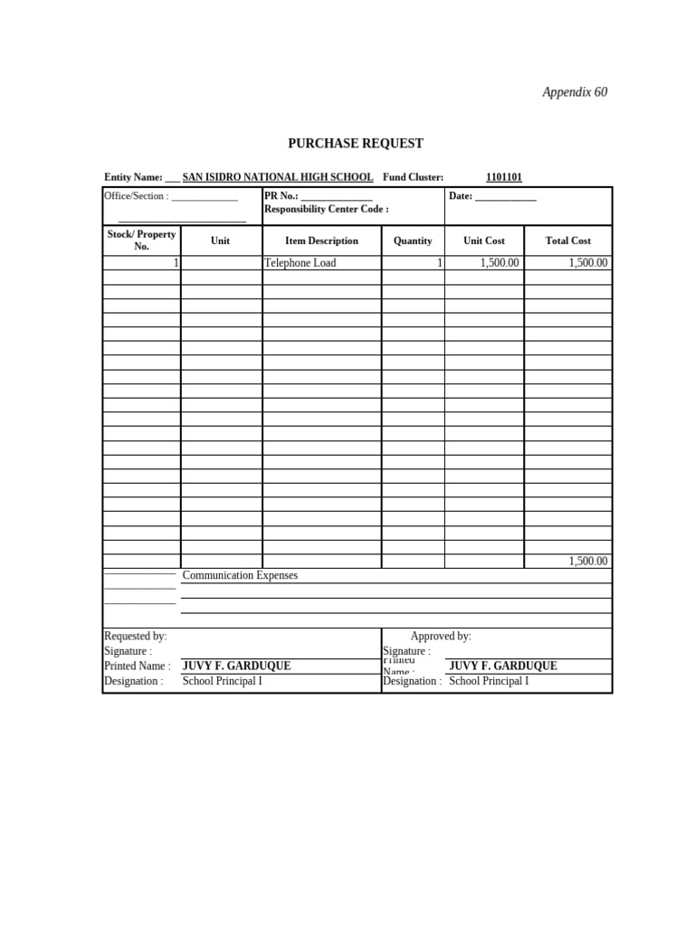 Purchase Request Form for San Isidro High | PDF